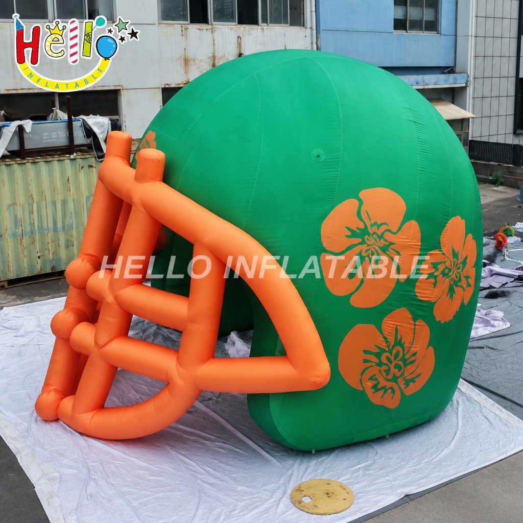 Giant Green Orange Football Helmet Inflatable with Multi Bar Facemask for School Team Game Day Outdoor Decoration