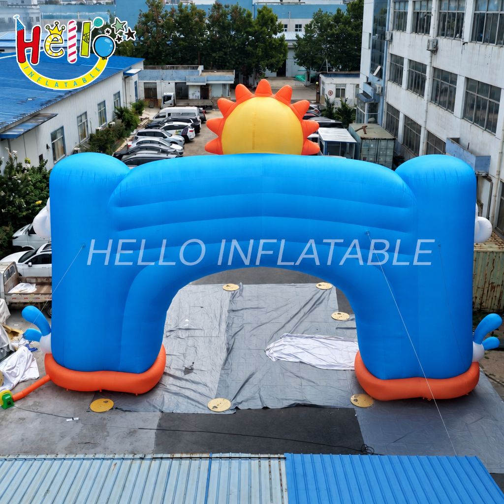 Giant Blue Summer Festival Inflatable Arch with Winking Sun Clouds for Outdoor Event Entrance Decoration