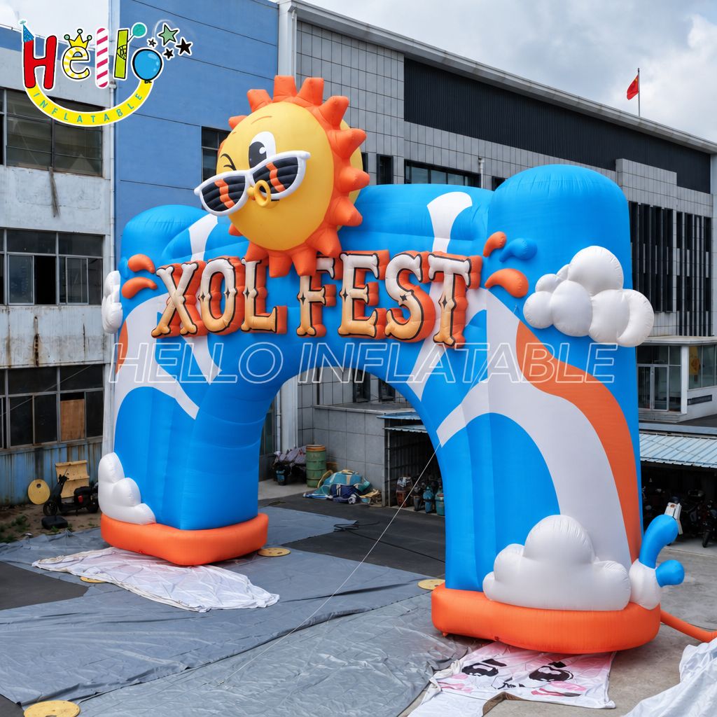 Giant Blue Summer Festival Inflatable Arch with Winking Sun Clouds for Outdoor Event Entrance Decoration