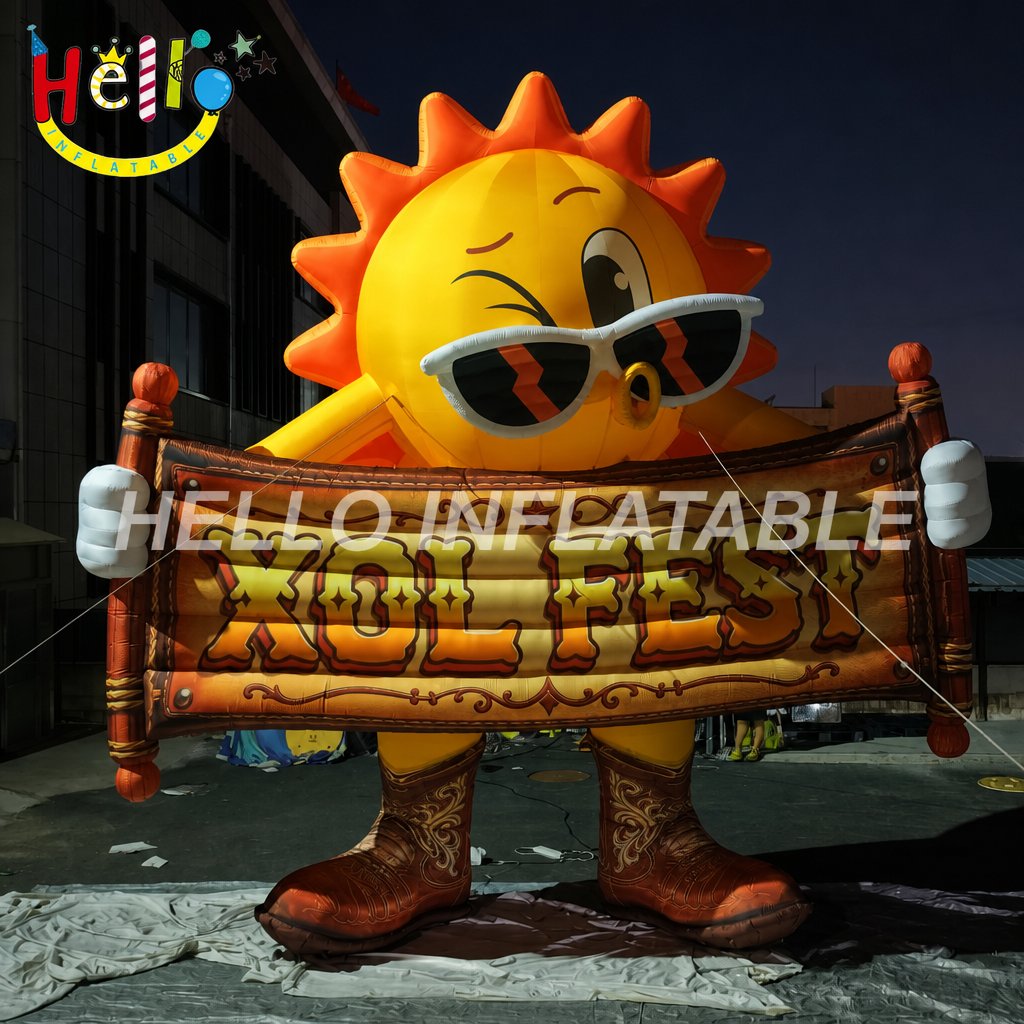 Giant Cartoon Cowboy Sun Mascot Inflatable with Sunglasses Banner for Festival Outdoor Decoration插图 Giant Cartoon Cowboy Sun Mascot Inflatable with Sunglasses Banner for Festival Outdoor Decoration