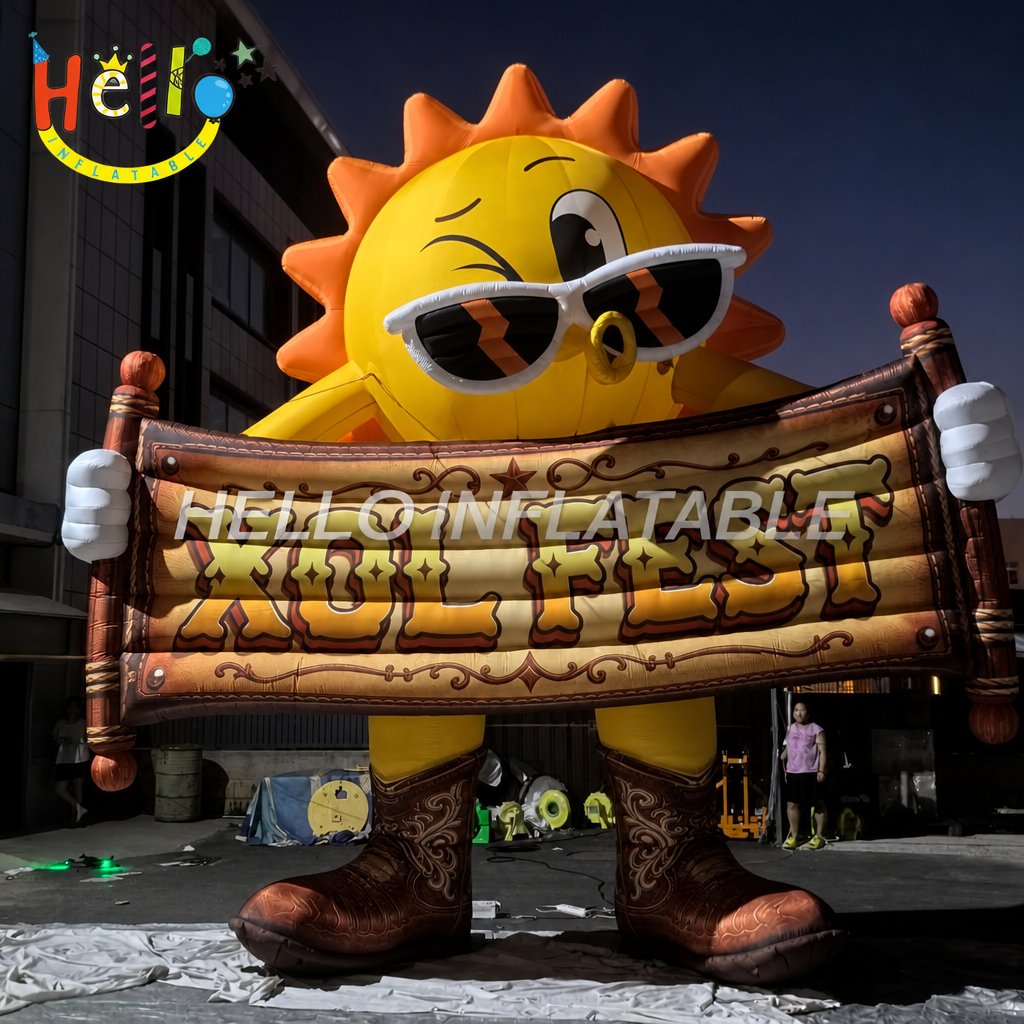 Giant Cartoon Cowboy Sun Mascot Inflatable with Sunglasses Banner for Festival Outdoor Decoration
