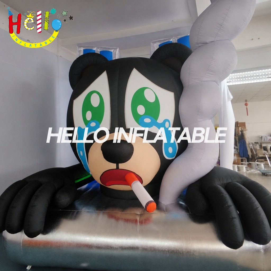Giant Pop Art Sad Bear Inflatable Sculpture with Blue Tears Chrome Base for Music Festival Art Installation