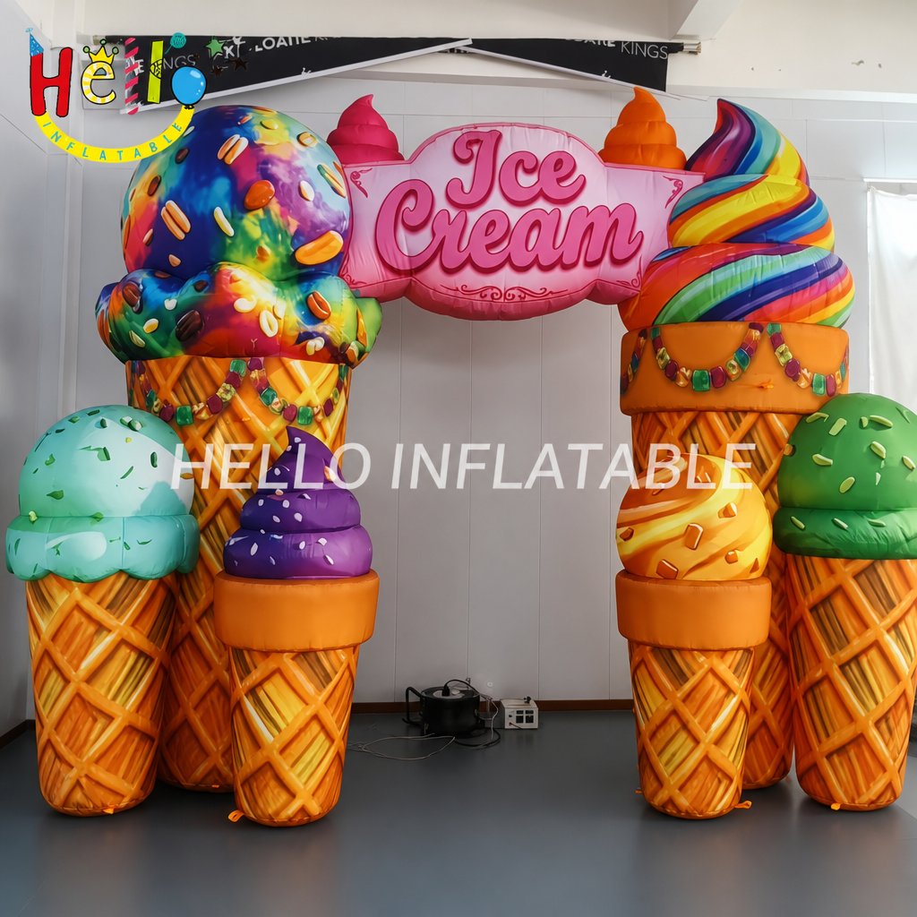 Giant Ice Cream Themed Inflatable Archway with Cone Pillars Scoop Decor for Dessert Shop Grand Opening Entrance Advertising Inflatables
