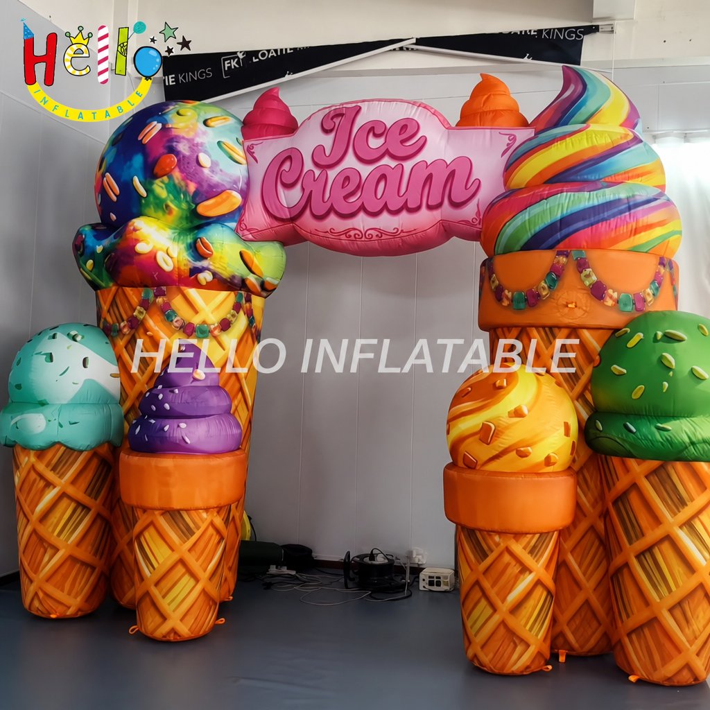 Giant Ice Cream Themed Inflatable Archway with Cone Pillars Scoop Decor for Dessert Shop Grand Opening Entrance Advertising Inflatables