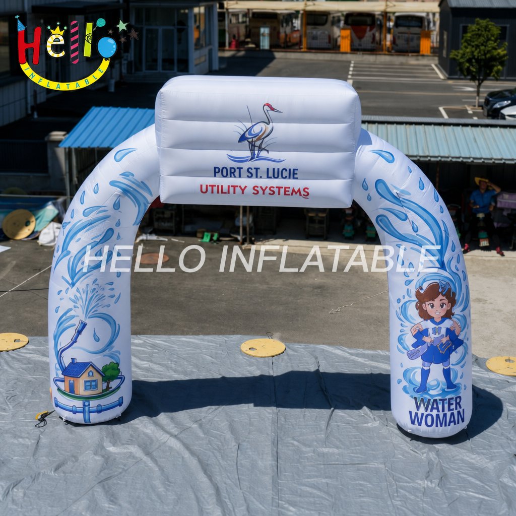 Custom Municipal Utility Water Company Inflatable Arch with Superhero Mascot for Community Event Education Campaign Advertising Inflatables