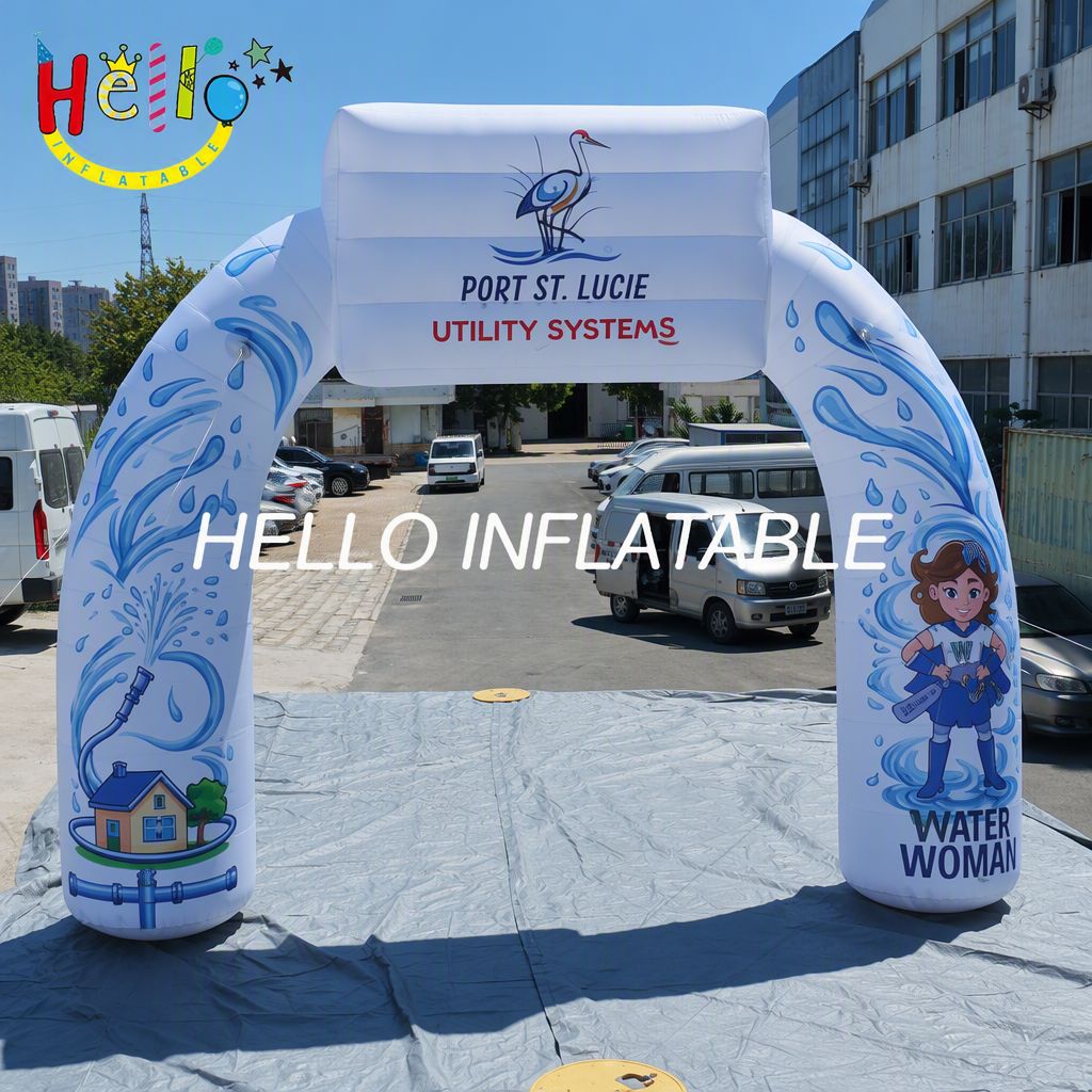 Custom Municipal Utility Water Company Inflatable Arch with Superhero Mascot for Community Event Education Campaign Advertising Inflatables