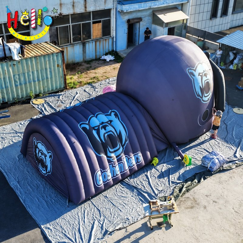 Giant Purple Football Helmet Tunnel Inflatable Combo with Bear Logo for School Team Game Day Decoration
