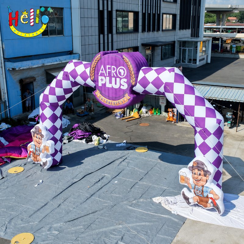 Giant Purple Checkerboard Oktoberfest Inflatable Arch with Cartoon Beer Man for Outdoor Festival Entrance Decoration