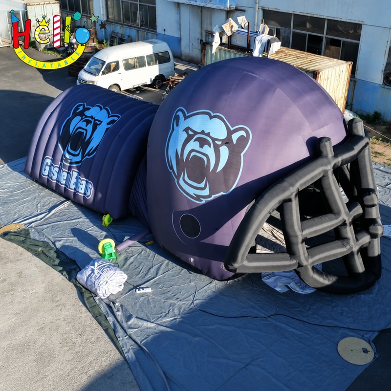 Giant Purple Football Helmet Tunnel Inflatable Combo with Bear Logo for School Team Game Day Decoration