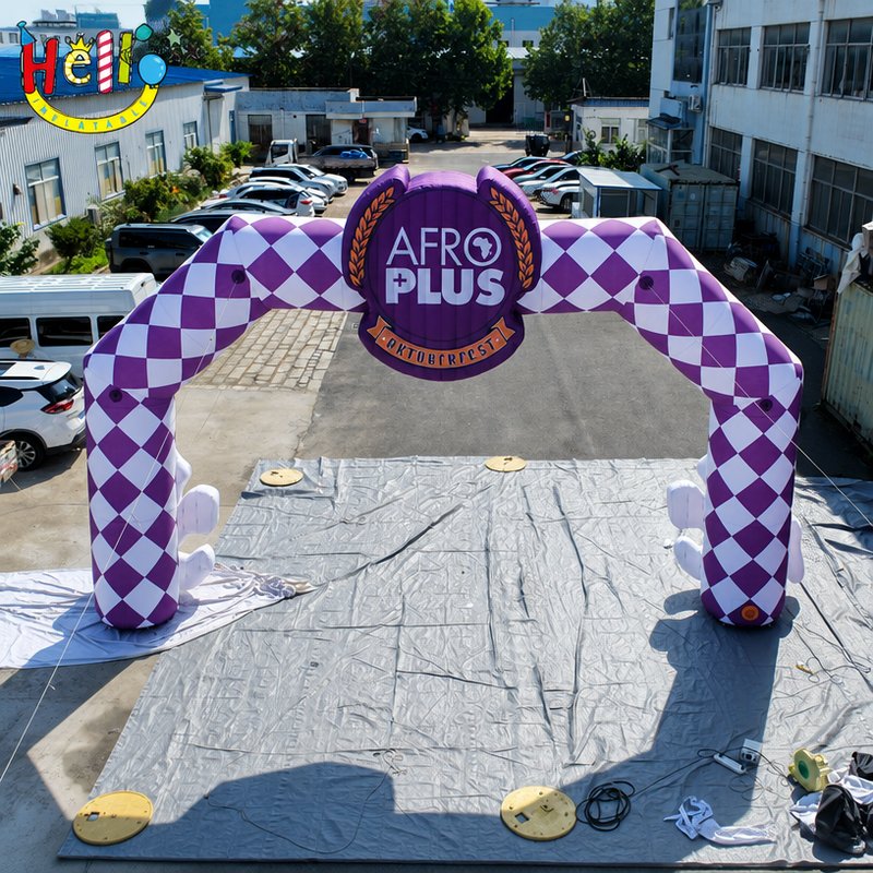 Giant Purple Checkerboard Oktoberfest Inflatable Arch with Cartoon Beer Man for Outdoor Festival Entrance Decoration