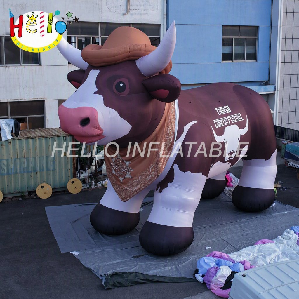 Giant Brown White Cow Figure with Cowboy Hat Bandana for Country Music Festival Western Theme Event Advertising Inflatables