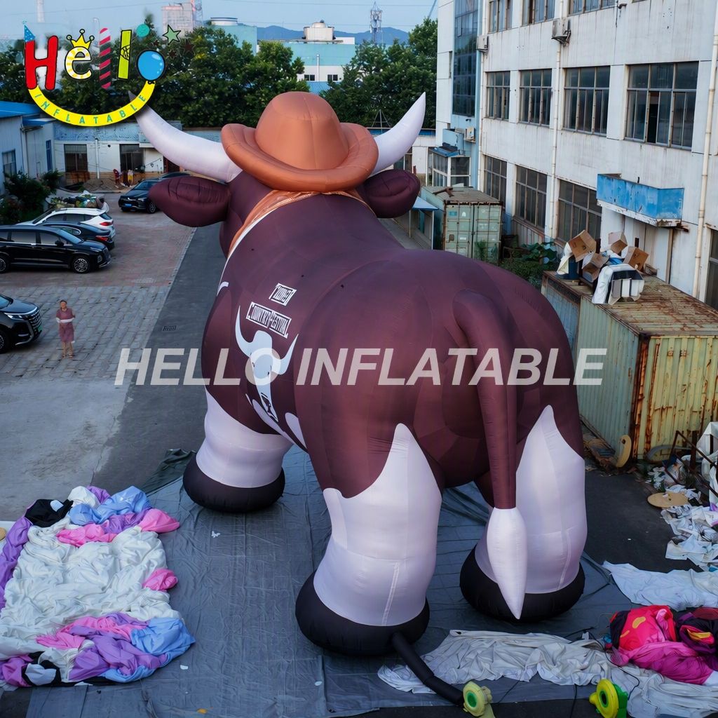 Giant Brown White Cow Figure with Cowboy Hat Bandana for Country Music Festival Western Theme Event Advertising Inflatables
