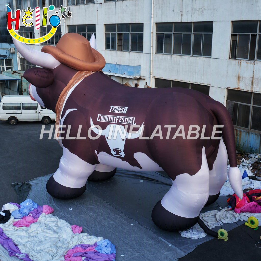 Giant Brown White Cow Figure with Cowboy Hat Bandana for Country Music Festival Western Theme Event Advertising Inflatables