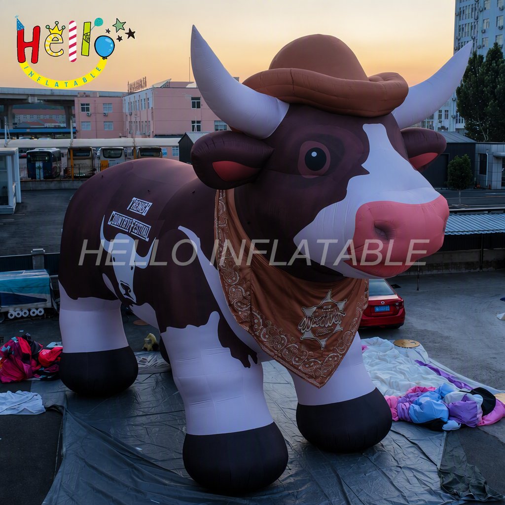 Giant Brown White Cow Figure with Cowboy Hat Bandana for Country Music Festival Western Theme Event Advertising Inflatables