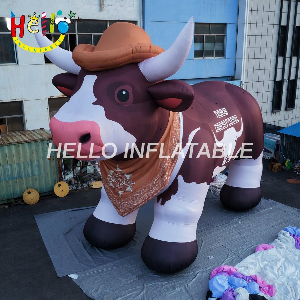 Giant Brown White Cow Figure with Cowboy Hat Bandana for Country Music Festival Western Theme Event Advertising Inflatables