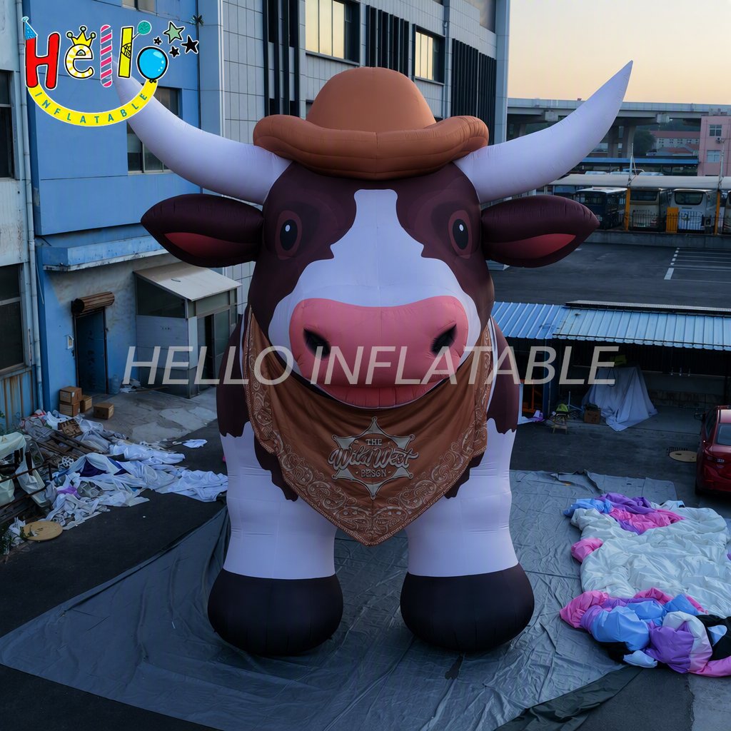 Giant Brown White Cow Figure with Cowboy Hat Bandana for Country Music Festival Western Theme Event Advertising Inflatables