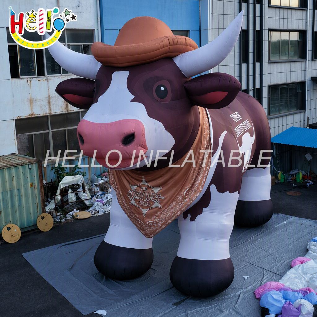 Giant Brown White Cow Figure with Cowboy Hat Bandana for Country Music Festival Western Theme Event Advertising Inflatables