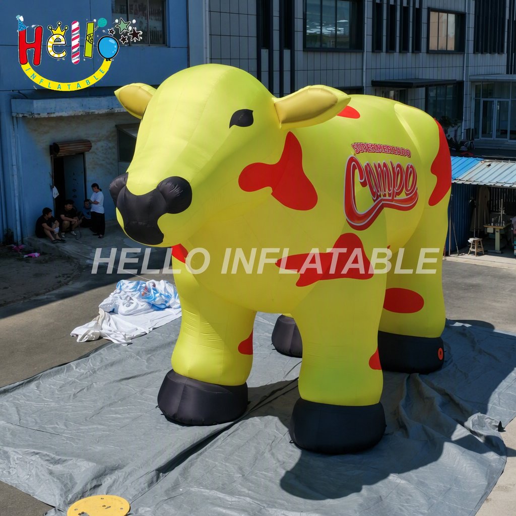 Giant Yellow Red Spotted Dairy Cow Inflatable with Brand Text for Milk Company Advertising Promotion Event Advertising Inflatables