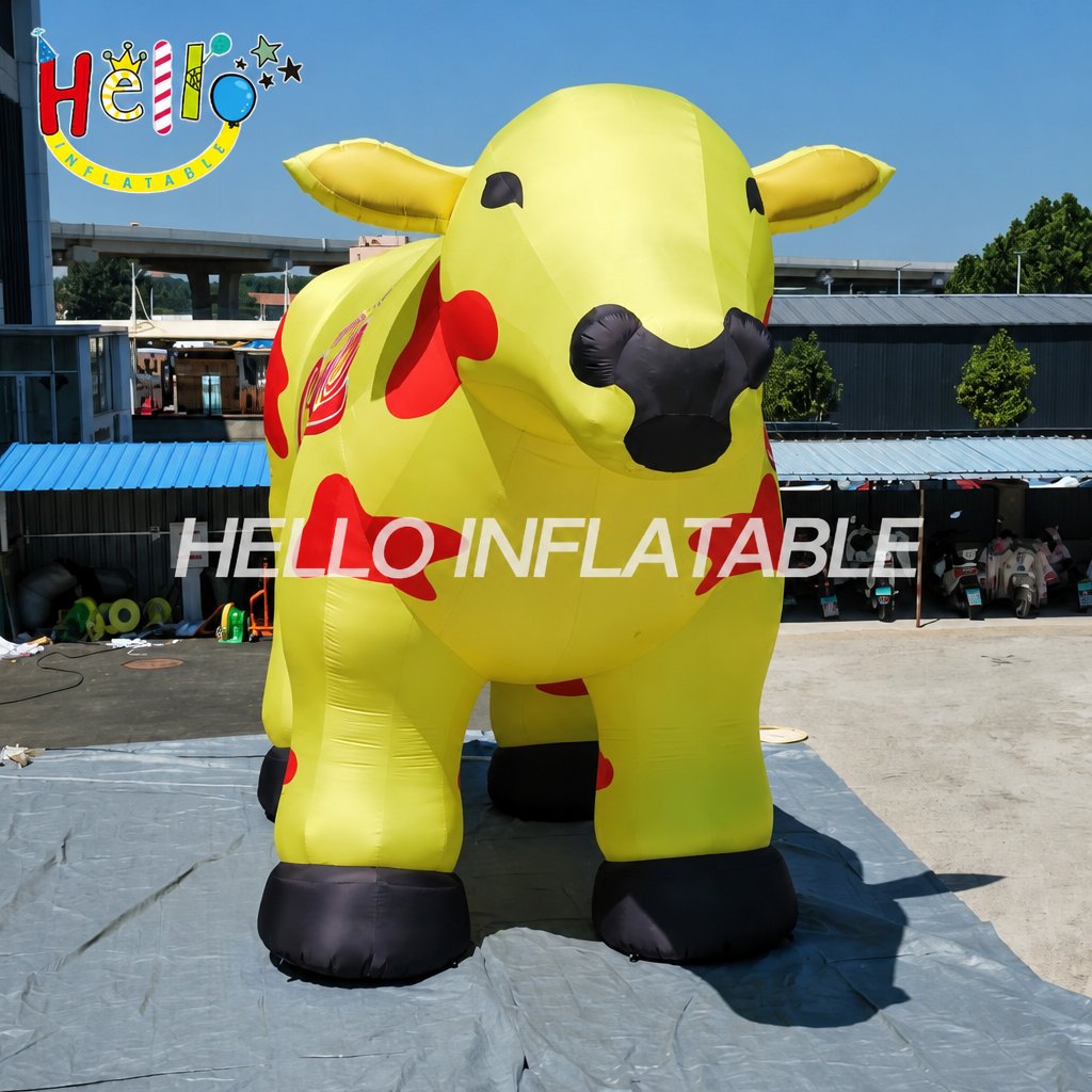 Giant Yellow Red Spotted Dairy Cow Inflatable with Brand Text for Milk Company Advertising Promotion Event Advertising Inflatables