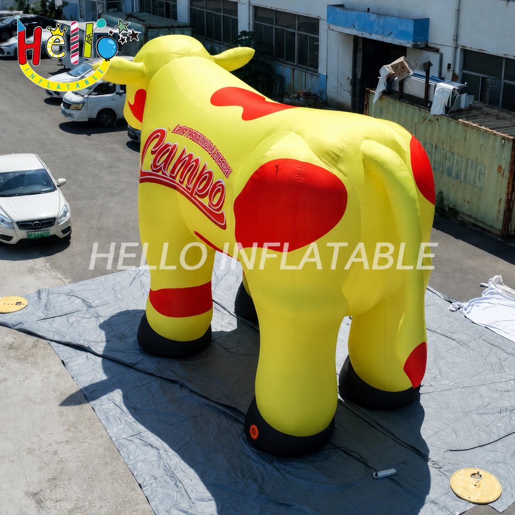 Giant Yellow Red Spotted Dairy Cow Inflatable with Brand Text for Milk Company Advertising Promotion Event Advertising Inflatables