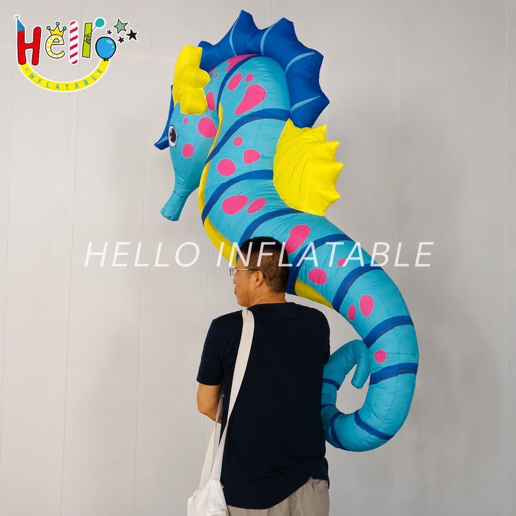 Giant Cartoon Blue Yellow Seahorse Inflatable with Red Snout Serrated Fin for Beach Party Ocean Theme Event Advertising Inflatables
