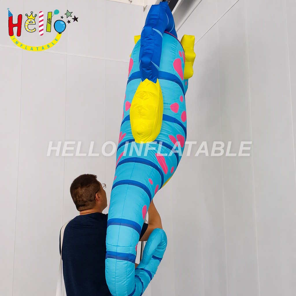 Giant Cartoon Blue Yellow Seahorse Inflatable with Red Snout Serrated Fin for Beach Party Ocean Theme Event Advertising Inflatables