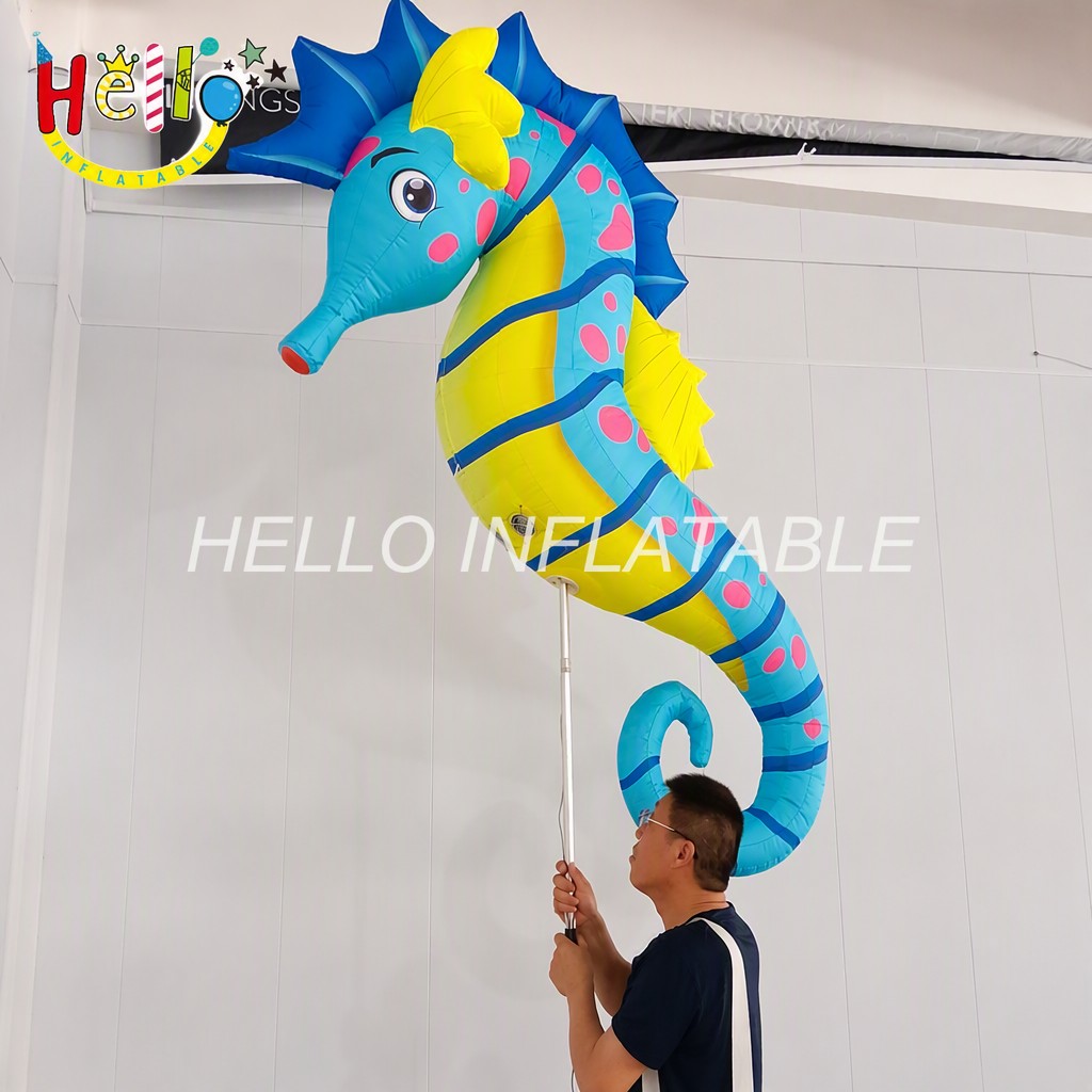 Giant Cartoon Blue Yellow Seahorse Inflatable with Red Snout Serrated Fin for Beach Party Ocean Theme Event Advertising Inflatables