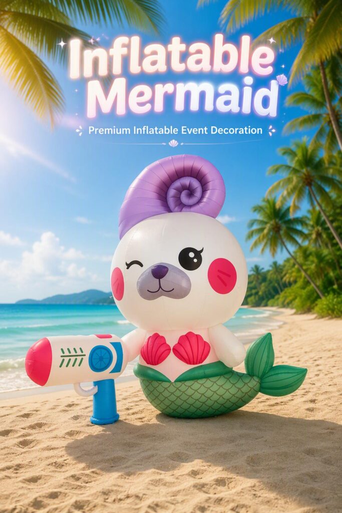 Giant Inflatable Mermaid Character with Shell Top for Pool Party Decoration