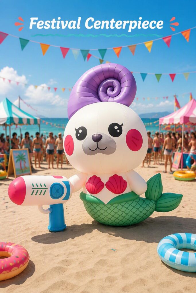 Giant Inflatable Mermaid Character with Shell Top for Pool Party Decoration