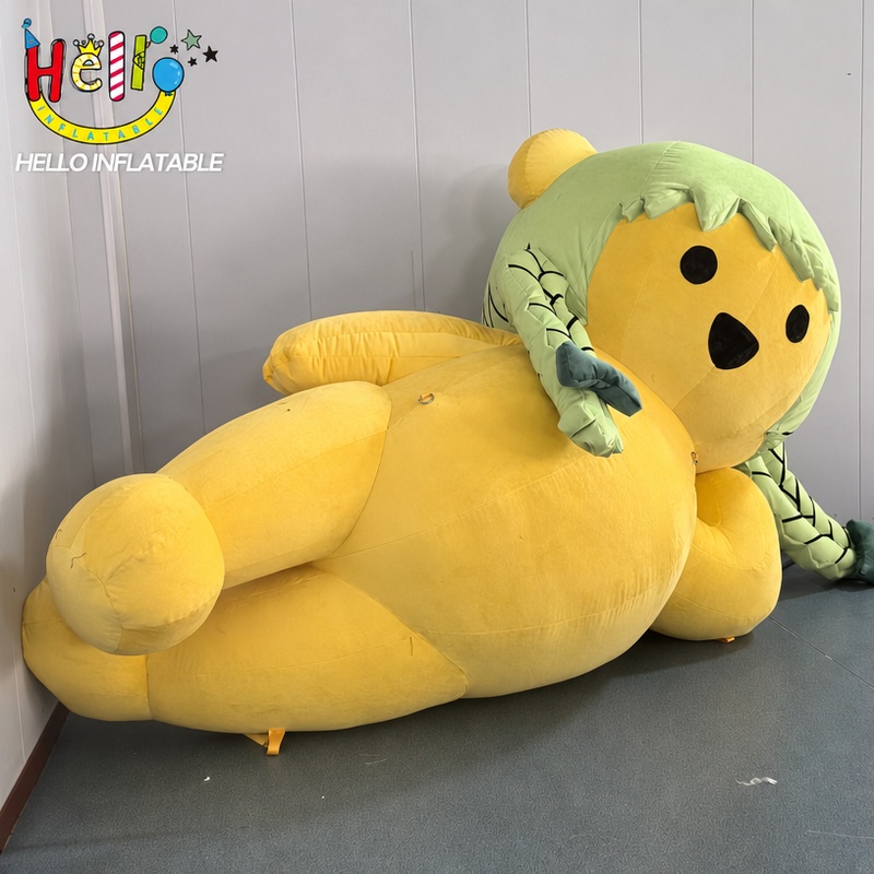 Giant Yellow Bear Inflatable Mascot with Green Braid Hair for Kids Party Mall Decoration