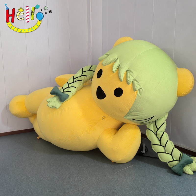 Giant Yellow Bear Inflatable Mascot with Green Braid Hair for Kids Party Mall Decoration