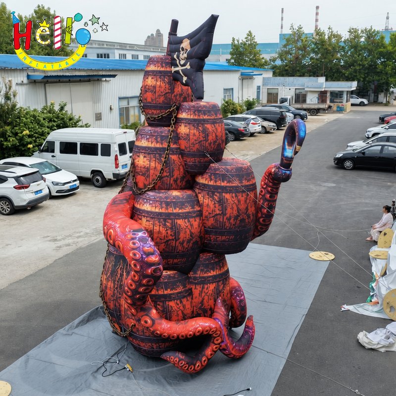 Giant Pirate Barrel Tower Inflatable with Octopus Tentacles for Bar Halloween Decoration