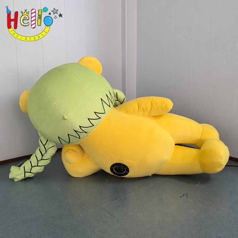 Giant Yellow Bear Inflatable Mascot with Green Braid Hair for Kids Party Mall Decoration