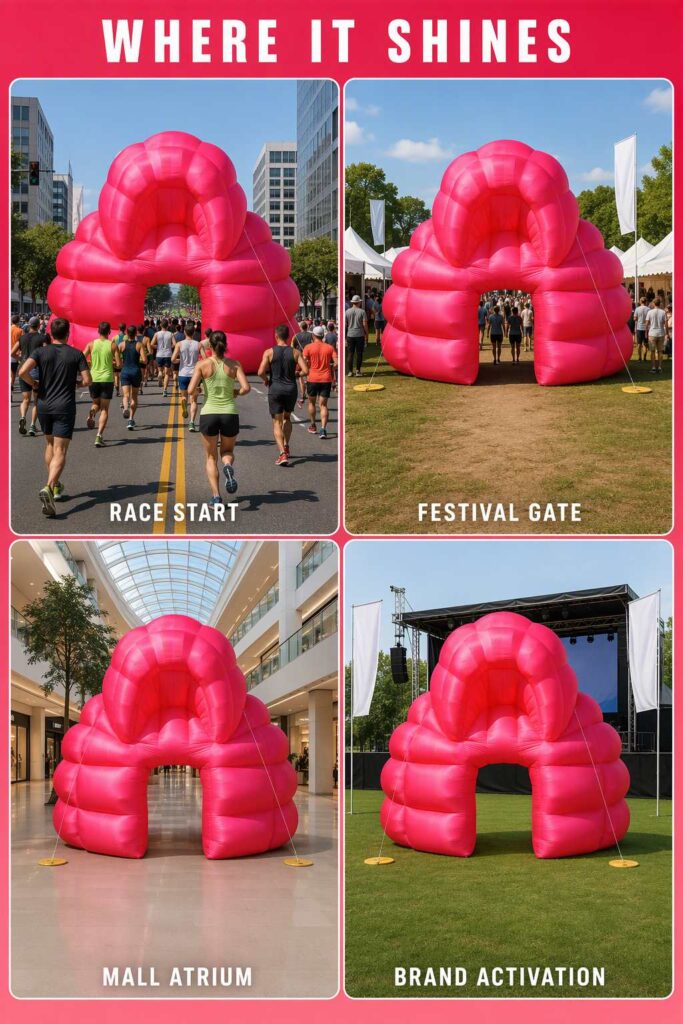 Giant Pink Inflatable Cloud Archway Entrance for Outdoor Event and Race Decoration插图2 Giant Pink Inflatable Cloud Archway Entrance for Outdoor Event and Race Decoration