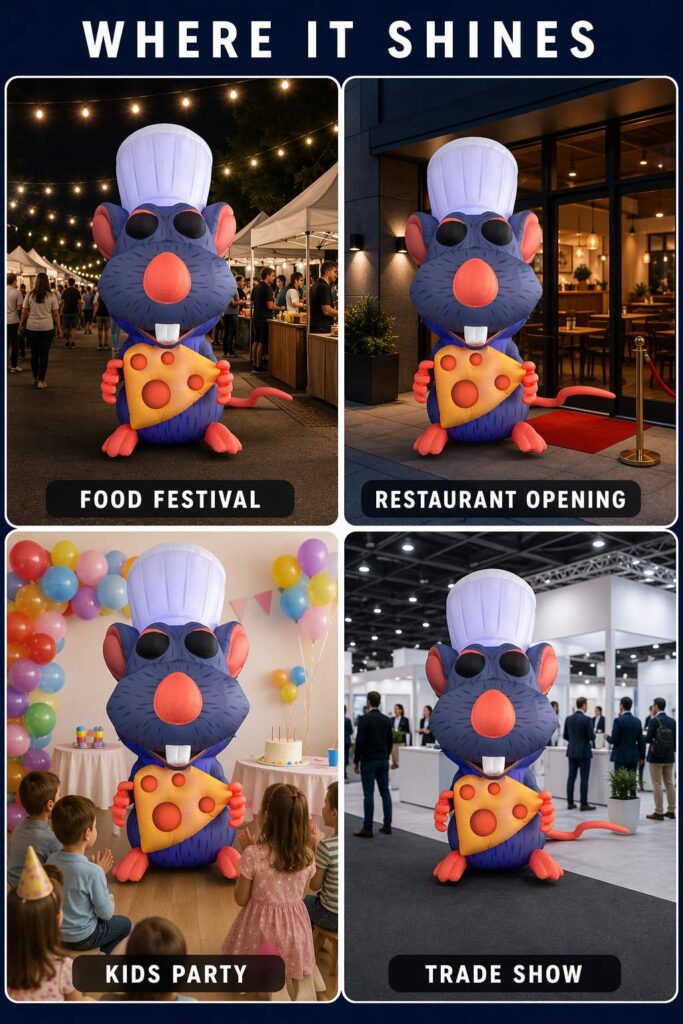 Giant Inflatable Chef Mouse Mascot with Cheese for Restaurant Promotion插图2 Giant Inflatable Chef Mouse Mascot with Cheese for Restaurant Promotion