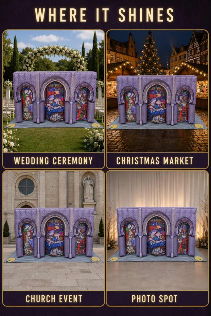 Giant Inflatable Cathedral Facade Backdrop with Stained Glass Print for Event Stage